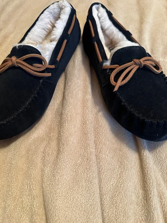 UGG Black Suede Moccasins with Tan Trim - Picture 3 of 8